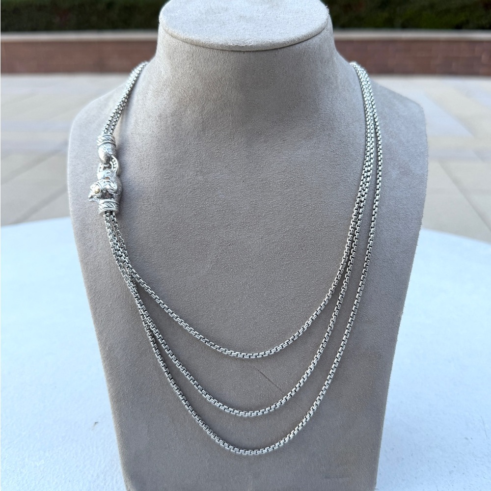 Sterling Silver Triple-Chain Necklace with Sculpted Bead